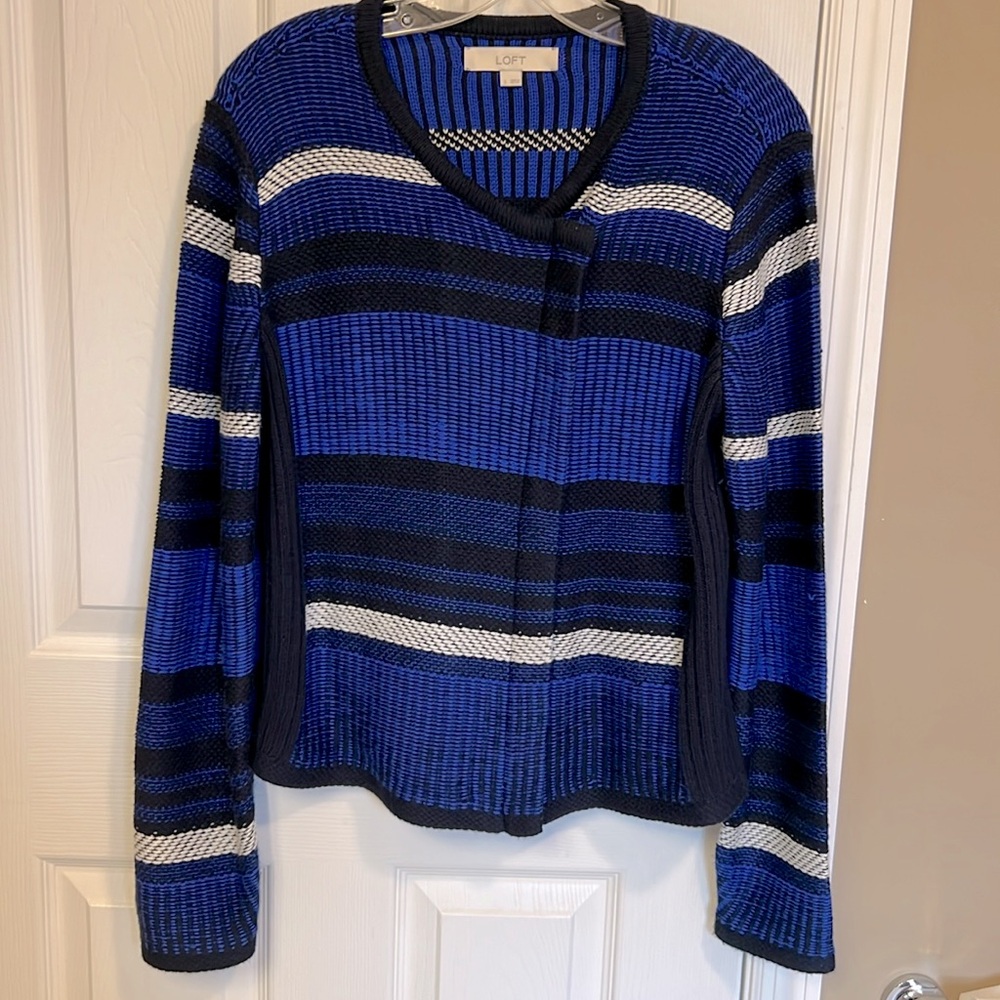 Loft Black and Blue Color Block Sweater Jacket w front zipper, Size Large